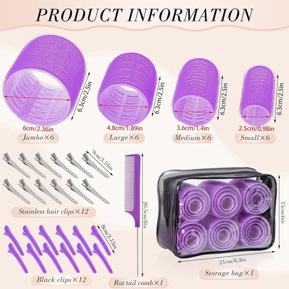 Purple Self-Grip Hair Rollers Set with Clips and Comb - Picture 2 of 5